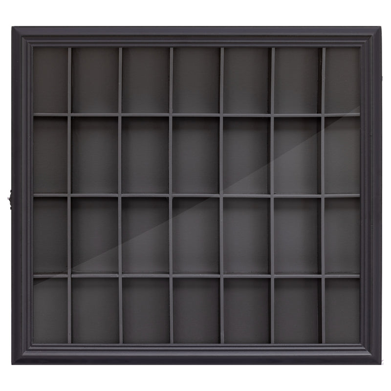 Gallery Solutions Black 18x16 Shot Glass Collection - Hinged Front Display Case Holds 28 Shot Glasses or Small Collectibles - Bar, Home, Office Accessories