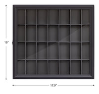 Gallery Solutions Black 18x16 Shot Glass Collection - Hinged Front Display Case Holds 28 Shot Glasses or Small Collectibles - Bar, Home, Office Accessories