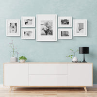 Gallery Solutions 7 Piece White Gallery Wall Kit Picture Frame Set with Decorative Art Prints & Hanging Template, Multi-Size