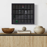 Gallery Solutions Black 18x16 Shot Glass Collection - Hinged Front Display Case Holds 28 Shot Glasses or Small Collectibles - Bar, Home, Office Accessories