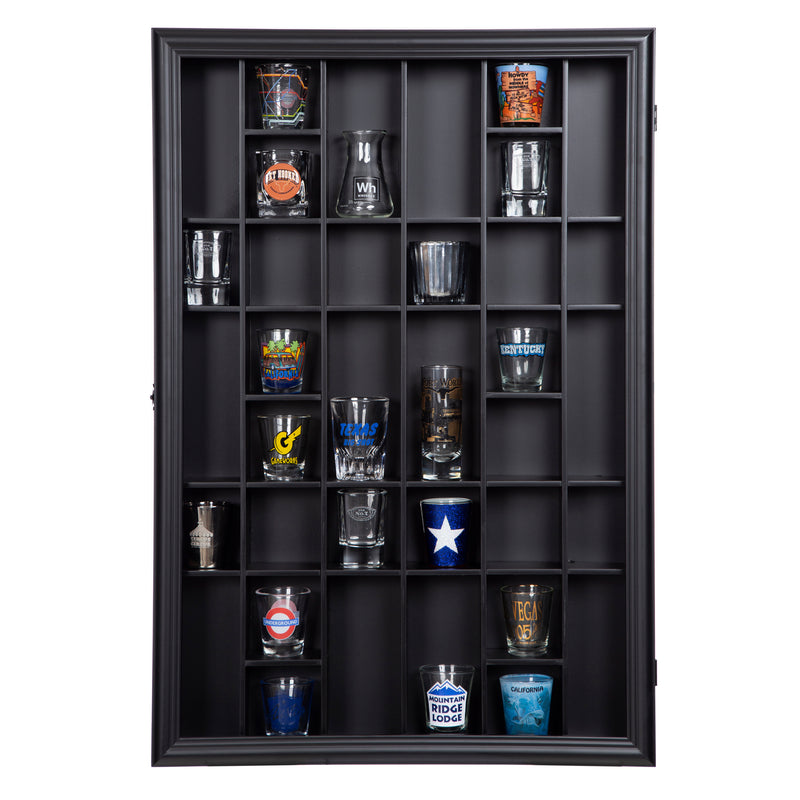 Gallery Solutions 36-Opening Display Cabinet with Hinged Front, Black Shot Glass Case, 17" x 26"