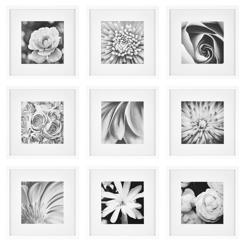 Gallery Perfect 9 Piece White Square Photo Frame Gallery Wall Kit With Decorative Art Prints & Hanging Template