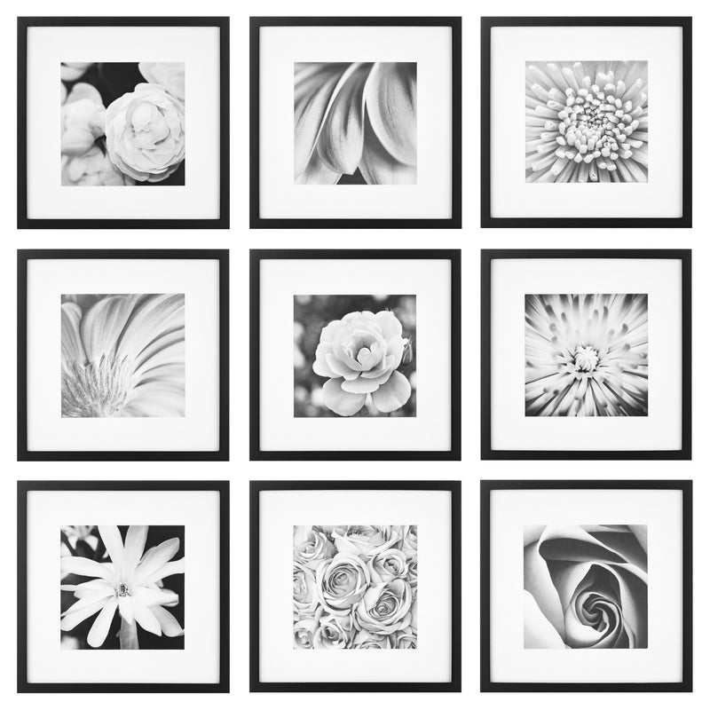 Gallery Perfect 9 Piece Black Square Photo Frame Gallery Wall Kit with Decorative Art Prints & Hanging Template