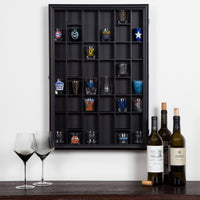 Gallery Solutions 36-Opening Display Cabinet with Hinged Front, Black Shot Glass Case, 17" x 26"