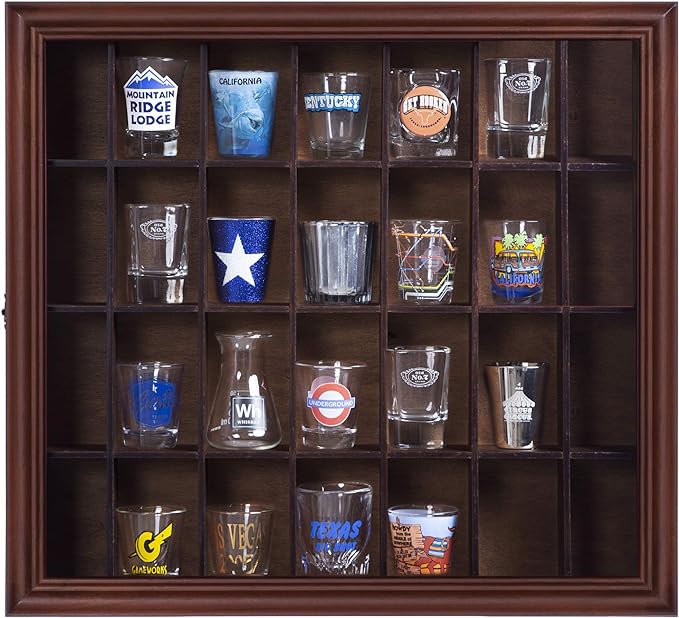 Gallery Solutions 18x16 Shot Glass Display Case with Hinged Front, Walnut